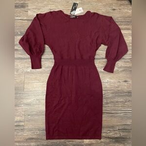 MIROL Burgundy Knit Midi Dress Puff Sleeve Fitted Waist NWT Size M